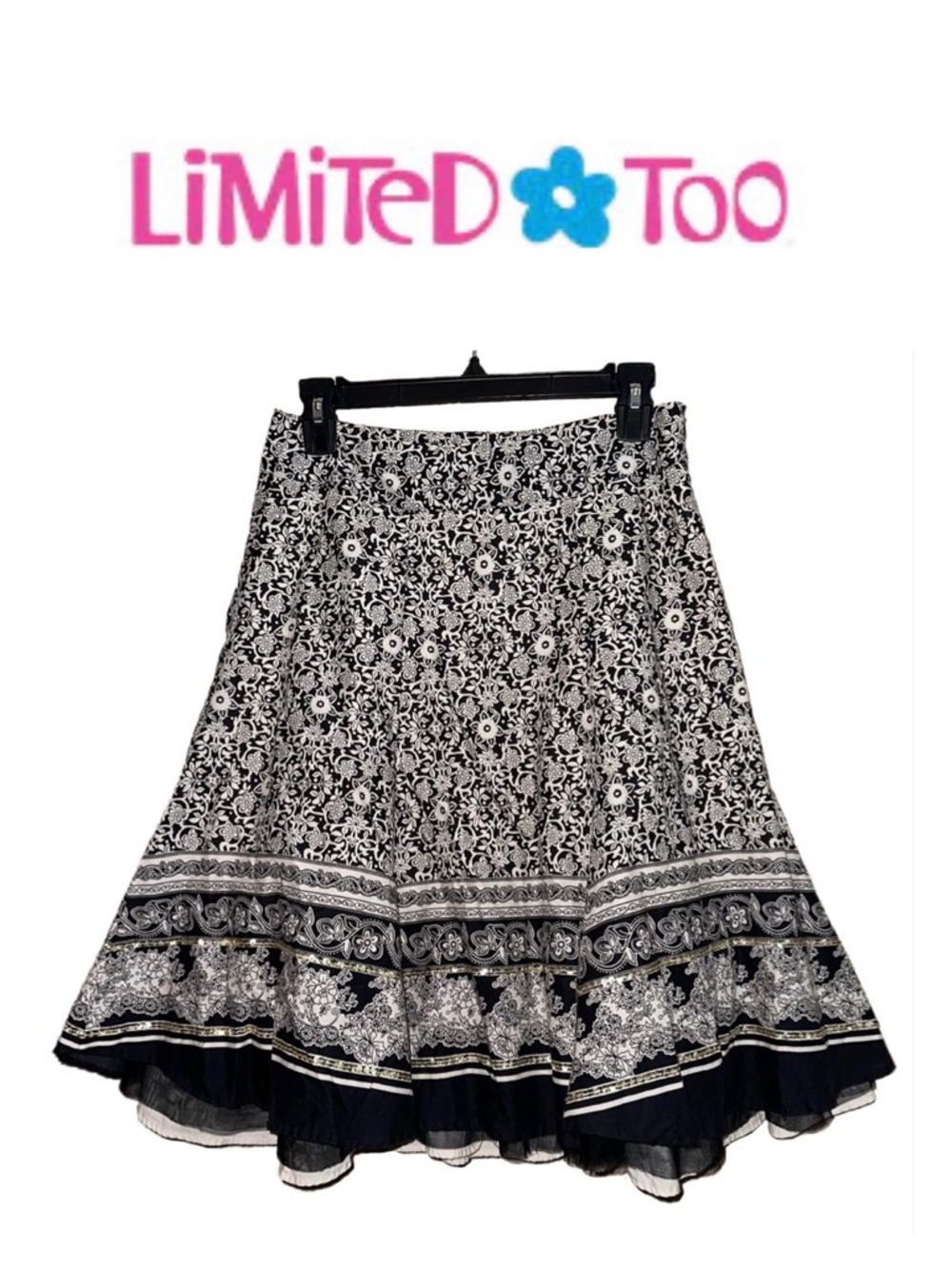LIMITED TOO Brown Ivory Floral Cotton Skirt Sequins Tulle Girl’s 16 Women’s XS